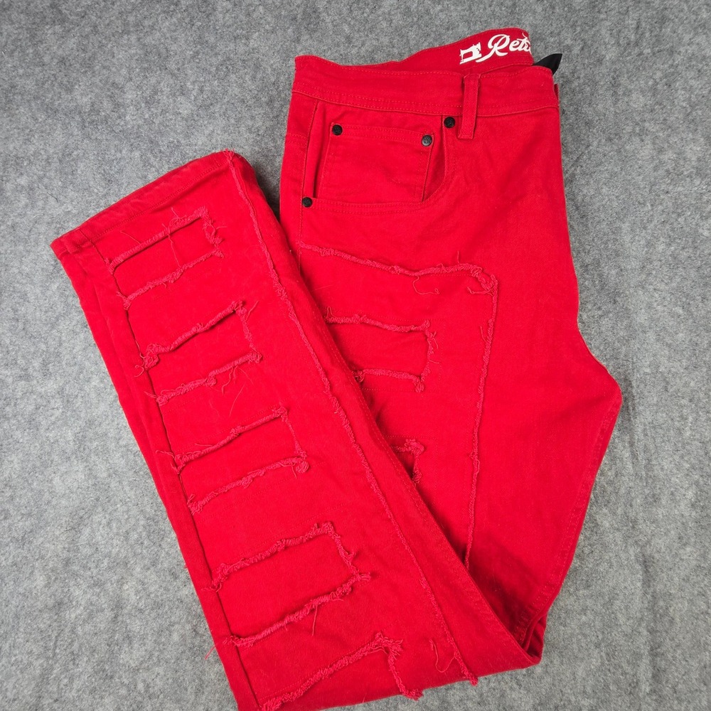 Retro Stitch Jeans Mens 40x34 Red Slim Straight Distressed Patch Streetwear
